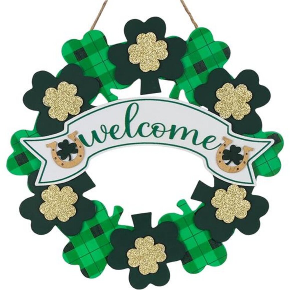 St Patricks Day Decorations, Wood Shamrock Hanging Welcome Wall Sign,